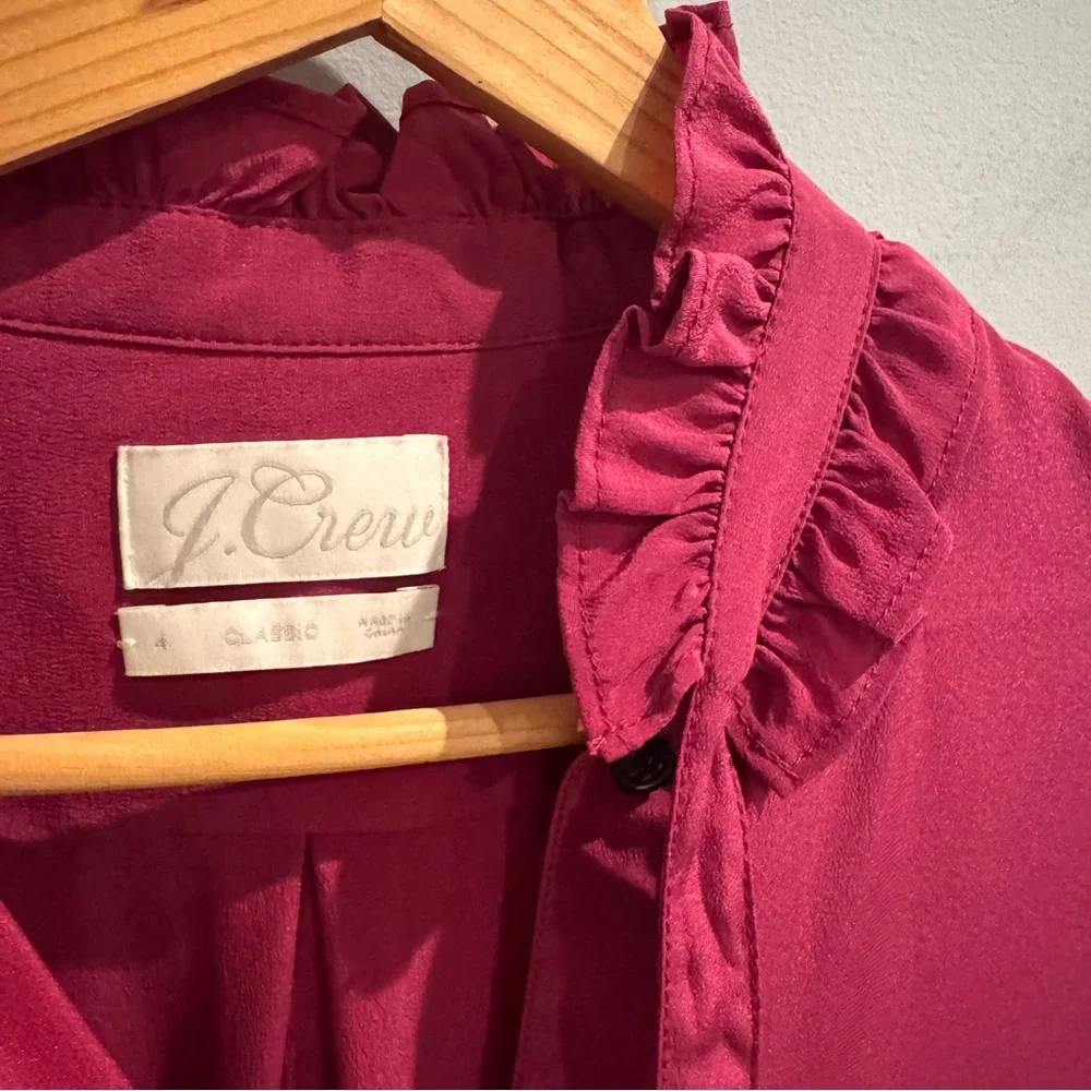 NEW J. Crew Classic-Fit Ruffle Neck Silk Popover Shirt in Pink, Size 4